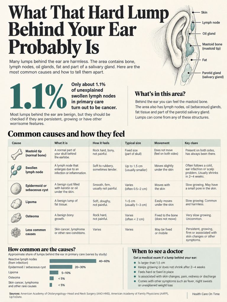Infographic explaining common causes of lumps behind the ear, including charts and illustrations of lymph nodes and glands.