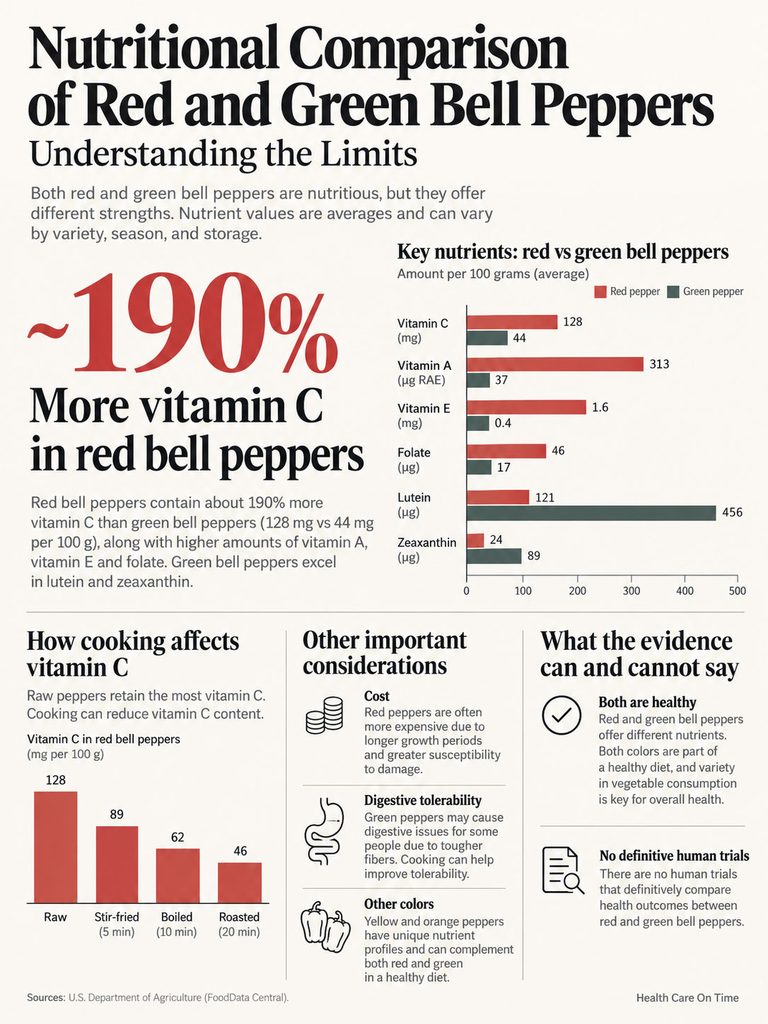 Nutritional comparison of red and green bell peppers, showing vitamin content and cooking effects. Infographic.