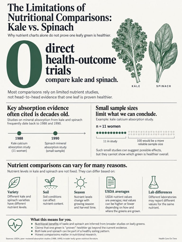 Infographic comparing kale and spinach nutrient absorption studies, highlighting key evidence and limitations.
