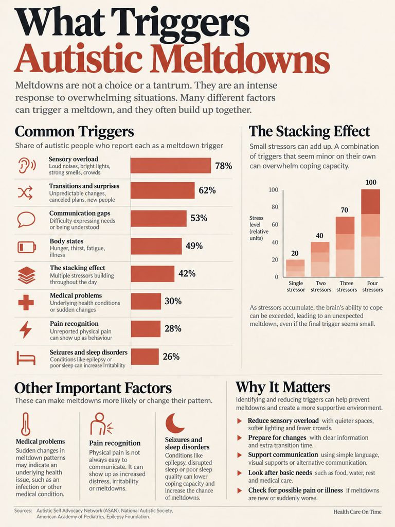 Infographic showing triggers of autistic meltdowns with statistics on sensory overload, transitions, and more.