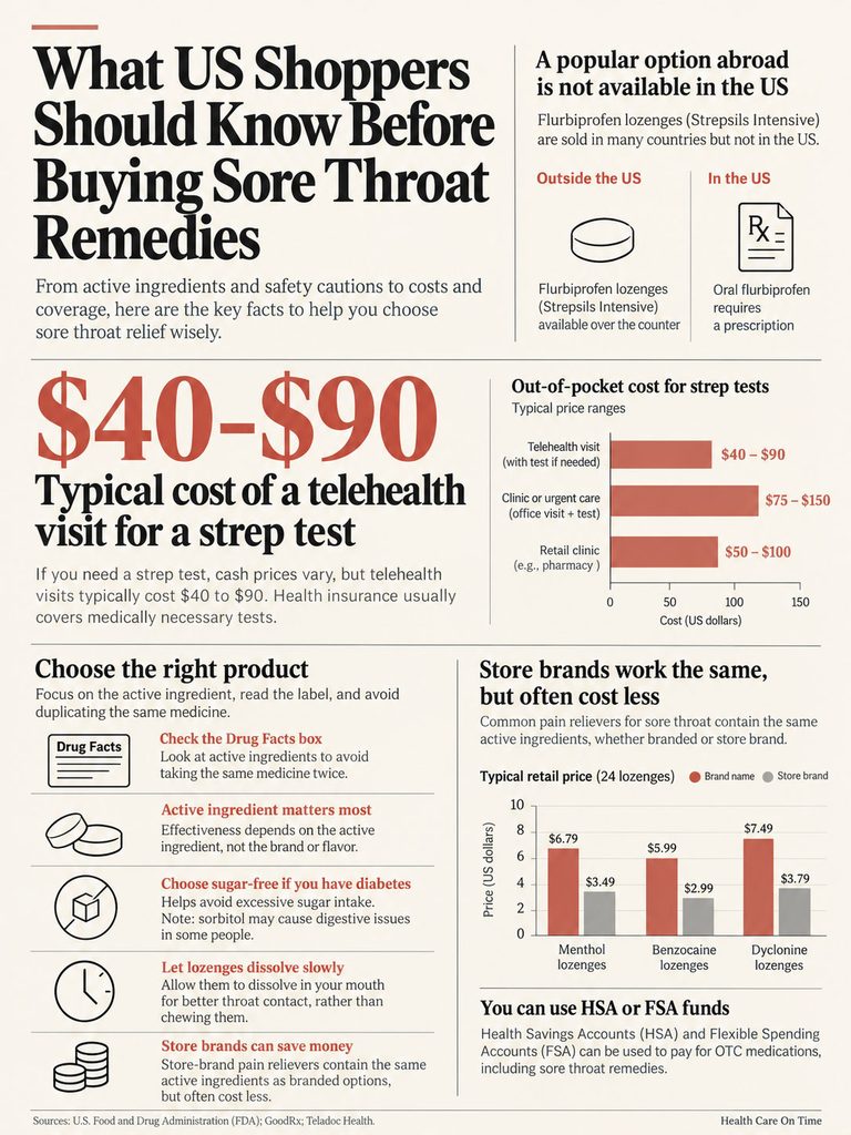 Infographic detailing sore throat remedies, costs, and product choices with charts and icons.