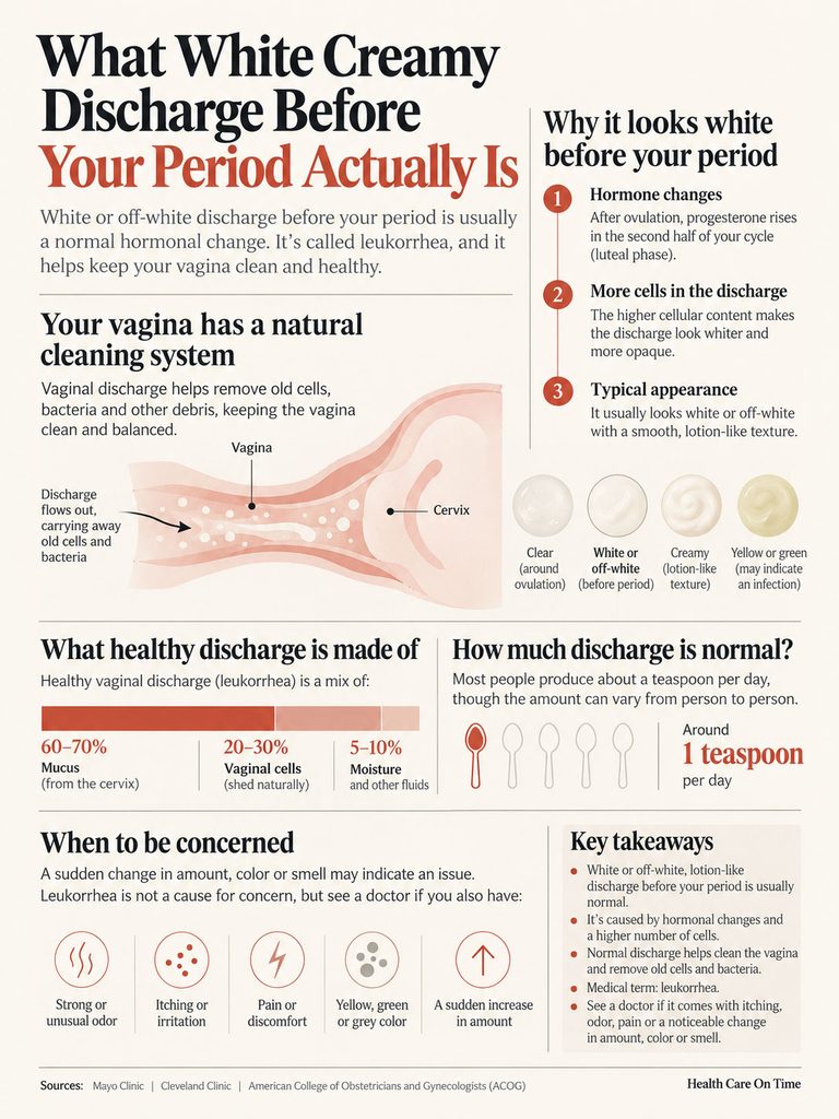 Infographic explaining white creamy discharge before period, including causes, composition, and concerns.