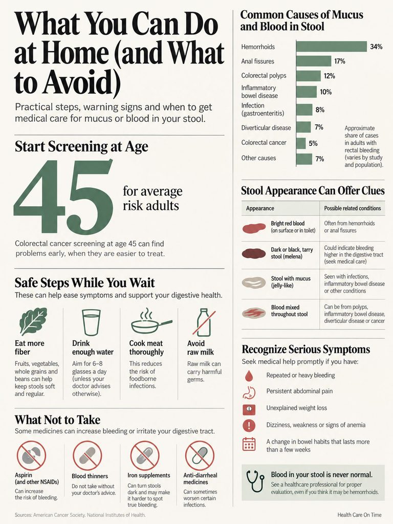 Infographic detailing steps to manage mucus and blood in stool, including screening age and symptoms to recognize.