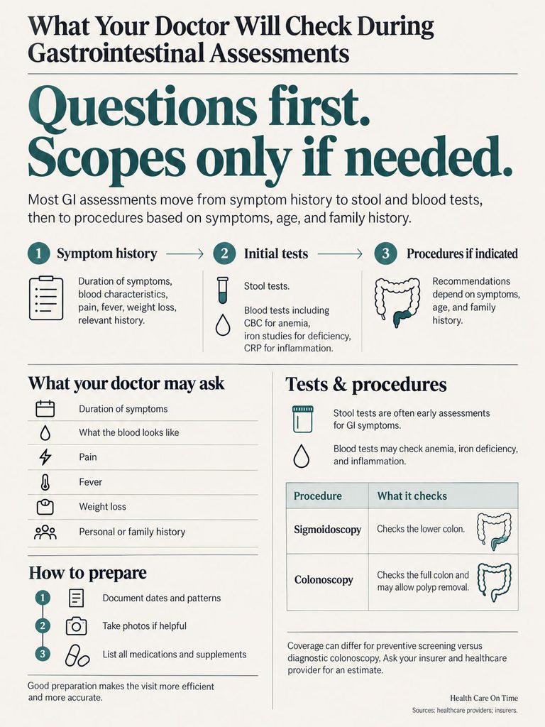 Infographic detailing gastrointestinal assessments, including symptom history, initial tests, and procedures.