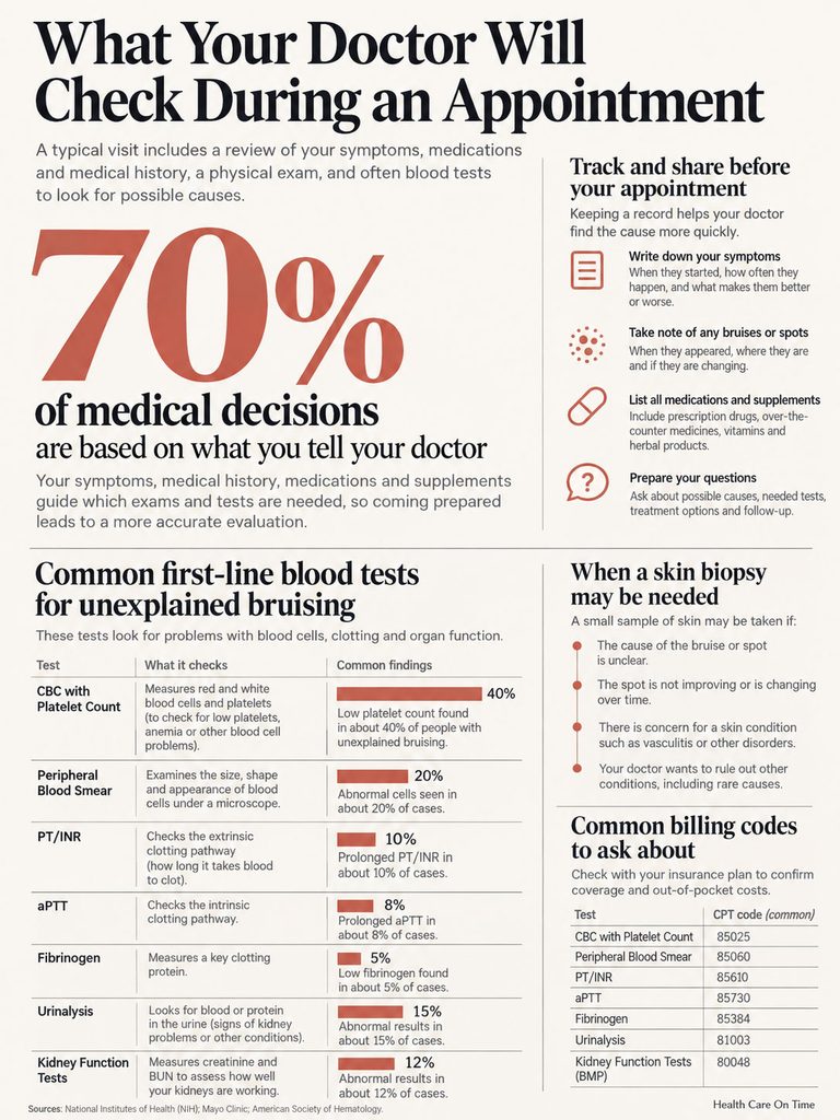 Infographic detailing what doctors check during appointments, including blood tests and medical history importance.