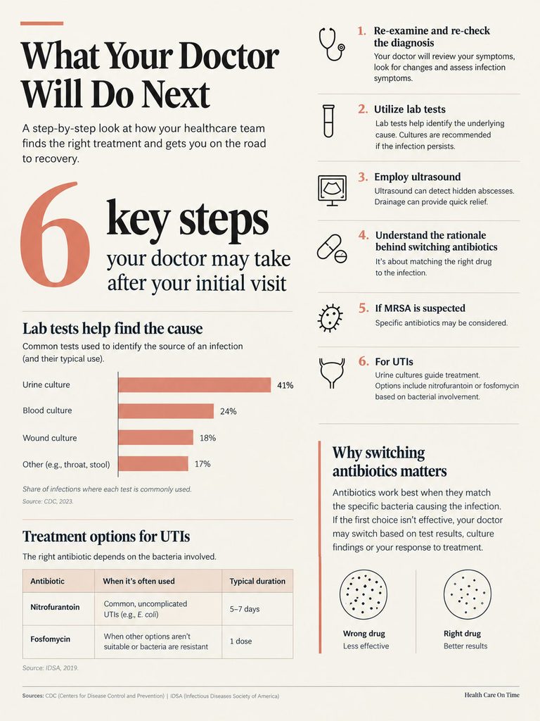 Infographic showing steps doctors take after initial visit, including lab tests and treatment options for UTIs.