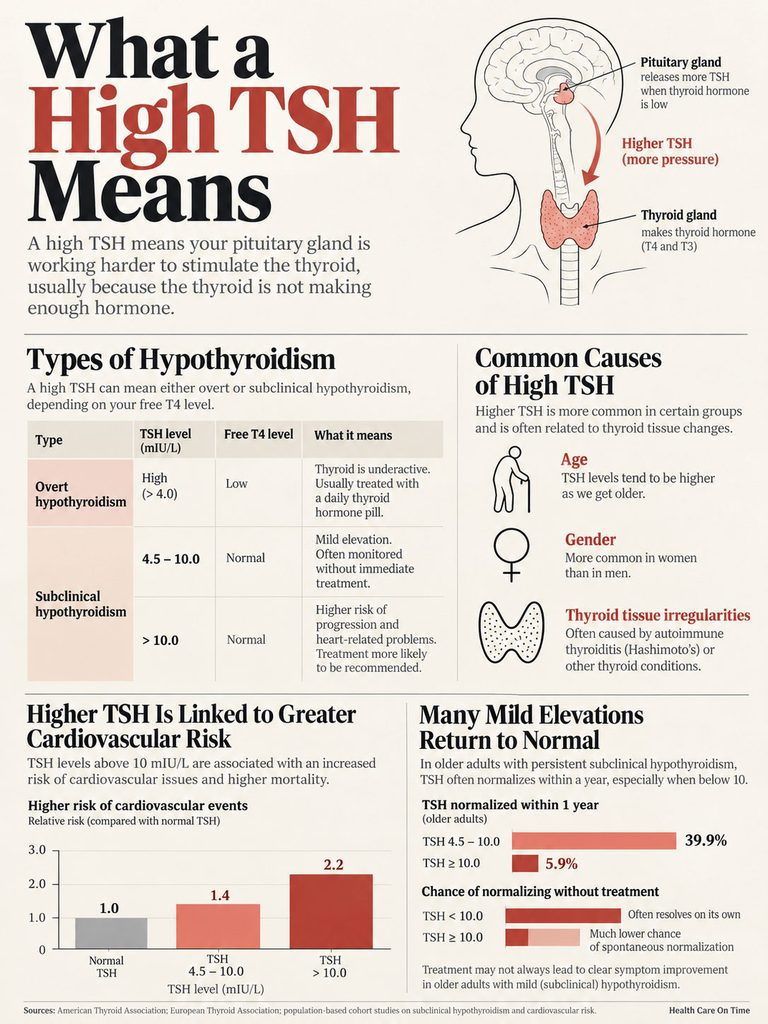 Infographic explaining high TSH levels, types of hypothyroidism, causes, and cardiovascular risks with charts and illustrations.