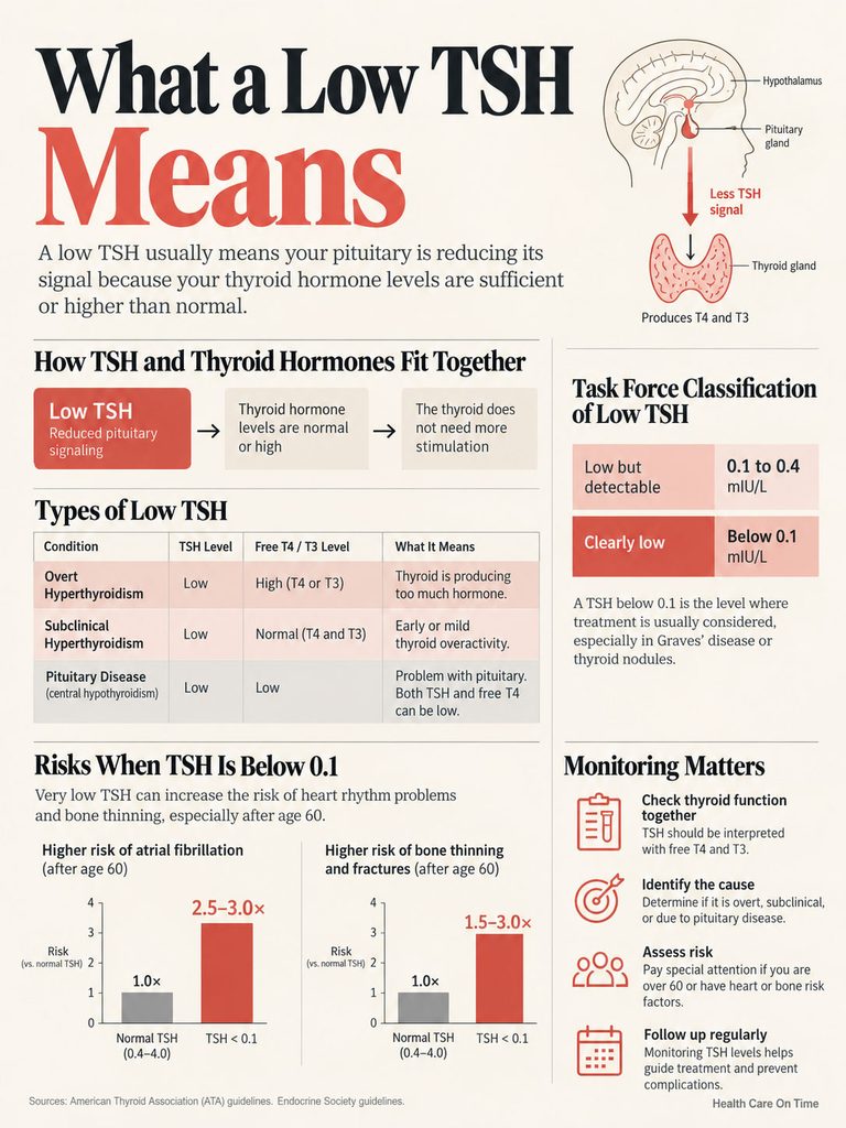 Infographic explaining low TSH levels, including types, risks, and monitoring guidelines with charts and illustrations.