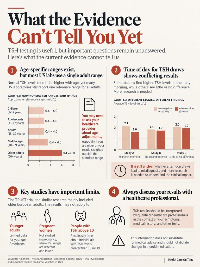 Infographic explaining TSH testing limitations, including age-specific ranges, time of day effects, and study limitations.