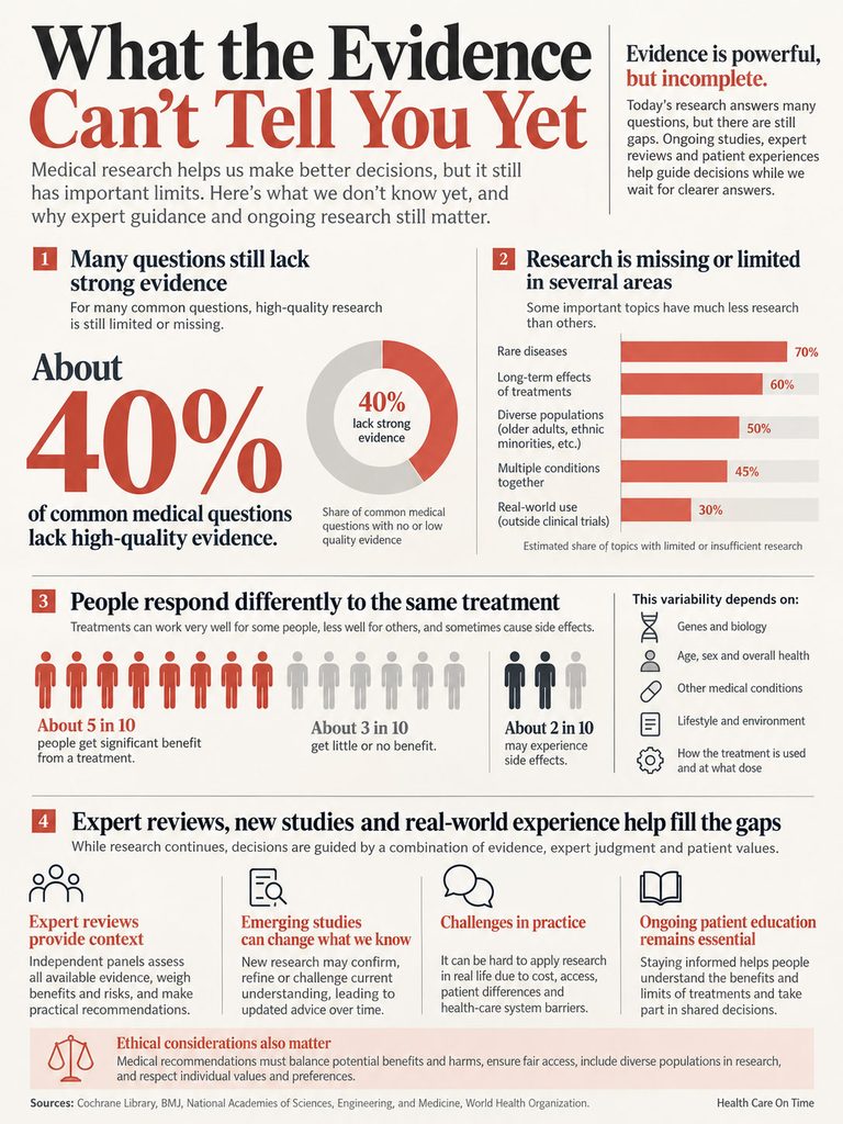 Infographic showing medical research limitations, highlighting 40% of questions lack strong evidence and treatment variability.