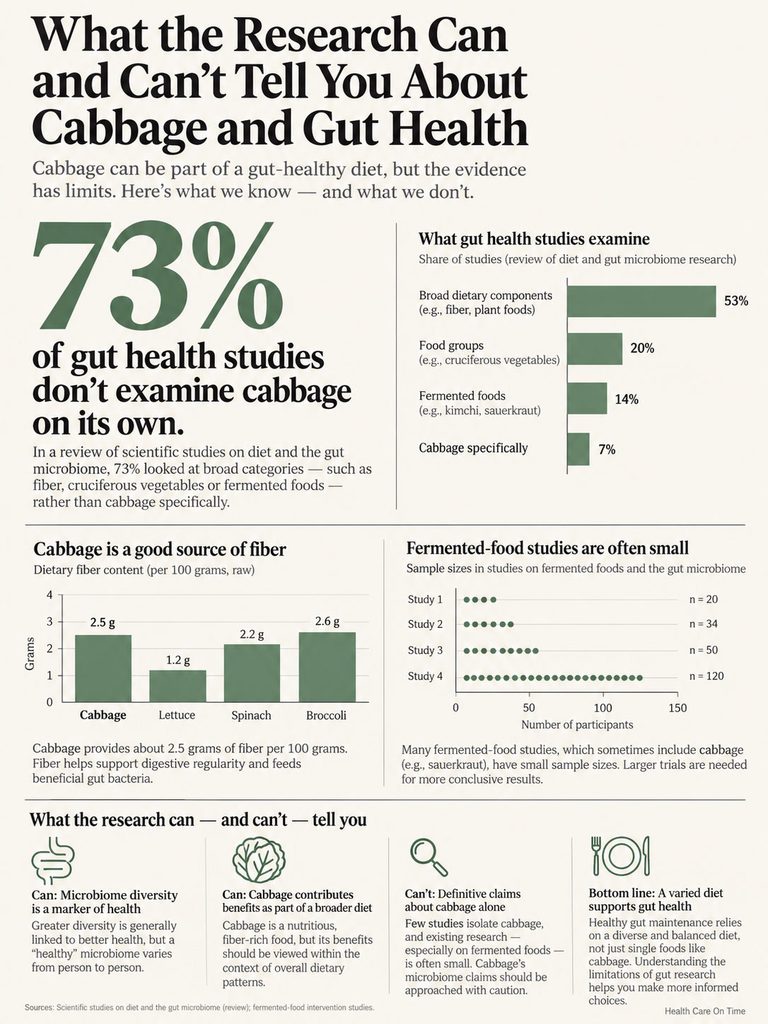 Infographic showing research on cabbage and gut health, including statistics and dietary fiber comparisons.