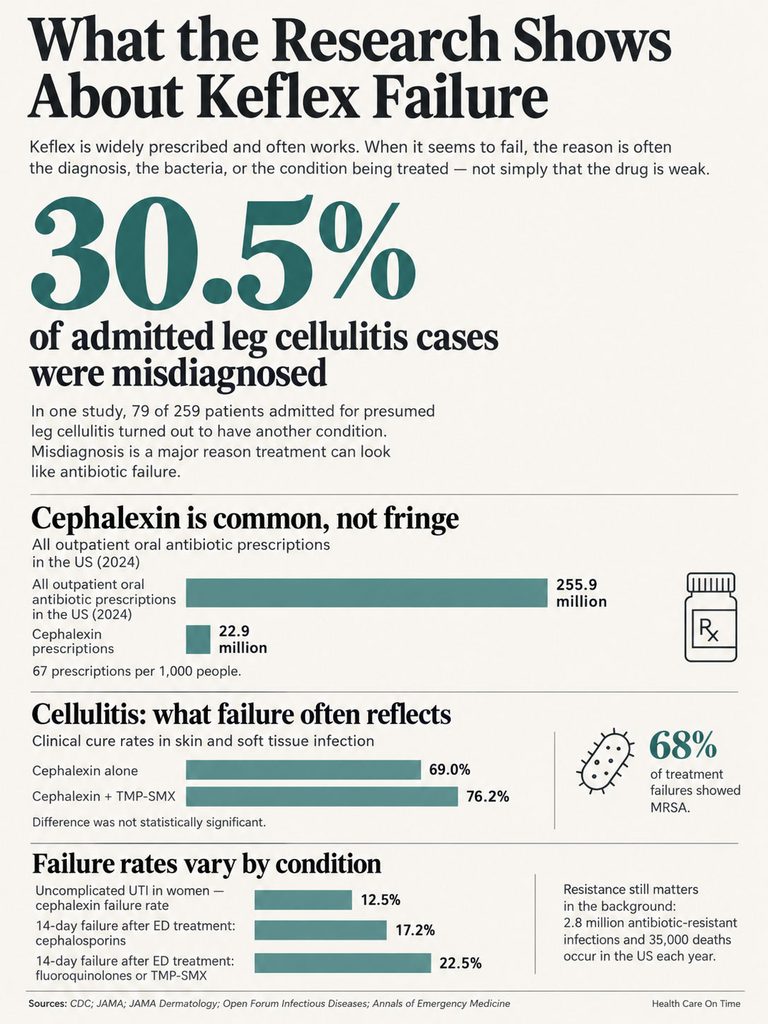 Infographic showing Keflex failure statistics, misdiagnosis rates, and antibiotic prescription data for cellulitis.