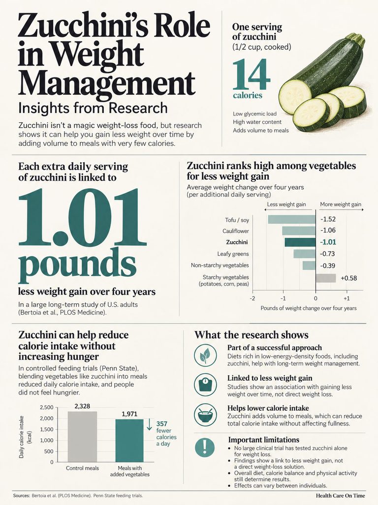 Infographic showing zucchini's role in weight management, including calorie counts and weight gain statistics.