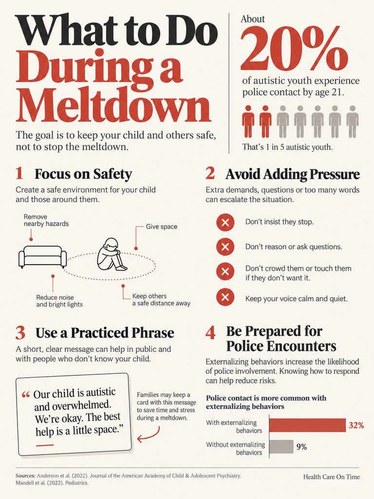 Infographic on managing meltdowns, featuring safety tips, statistics, and visual icons for guidance.