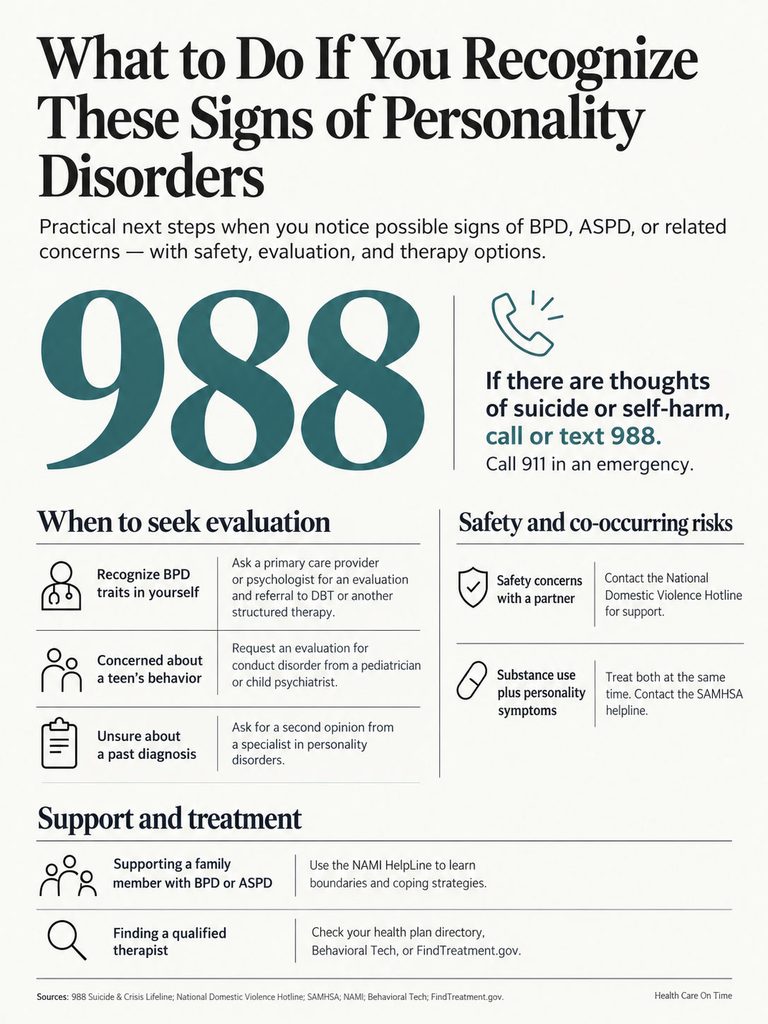 Infographic detailing steps to recognize personality disorders, including evaluation and support resources.