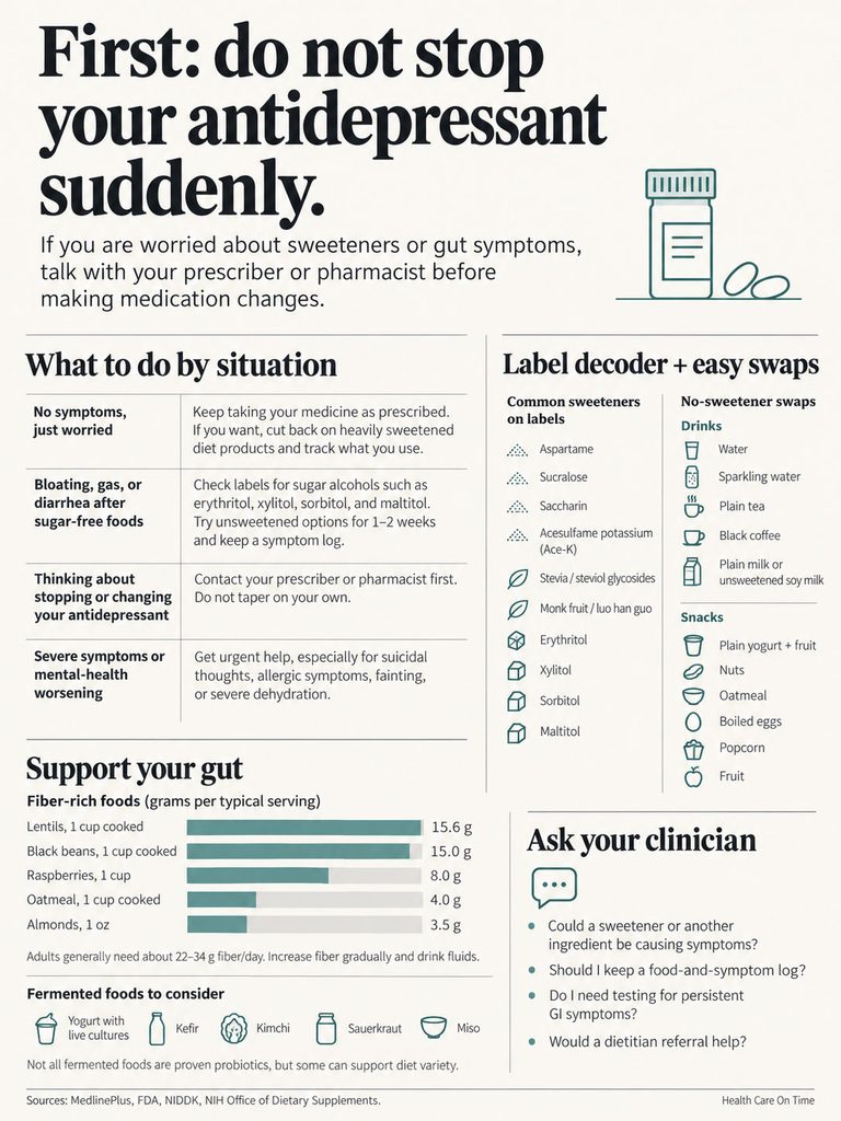 Infographic detailing guidelines for antidepressant use, gut health, and food recommendations with charts and icons.