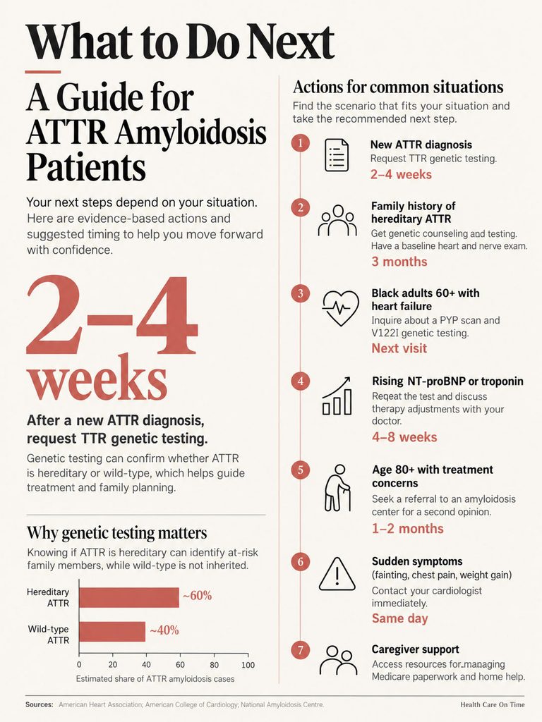 Infographic detailing steps for ATTR amyloidosis patients, including genetic testing timelines and actions for various situations.