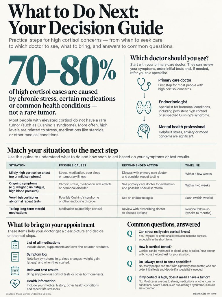 Infographic detailing steps for high cortisol concerns, including doctor recommendations and common questions answered.
