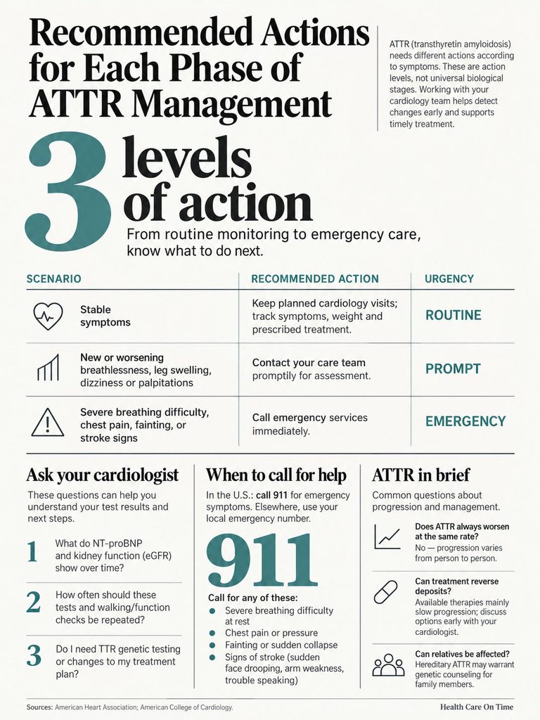 Infographic detailing actions for ATTR management with scenarios, recommended actions, and urgency levels.