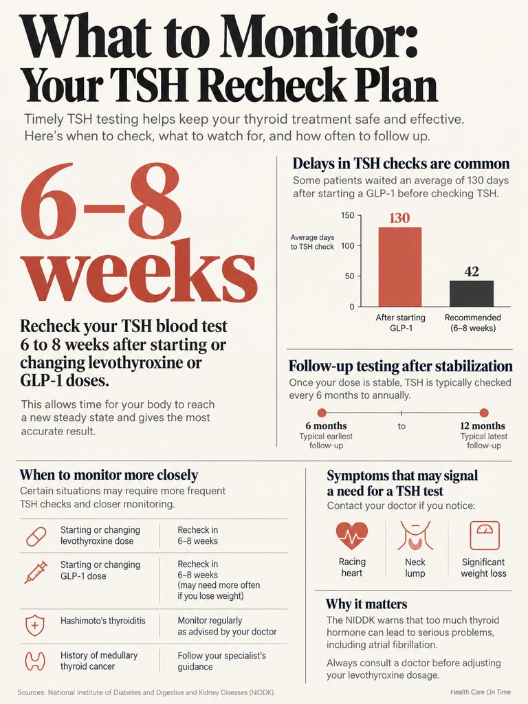 Infographic detailing TSH recheck plan, including timelines, symptoms, and monitoring guidelines for thyroid health.