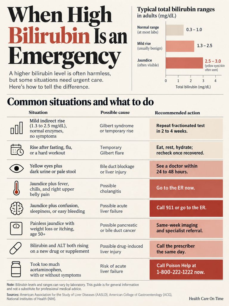 Infographic explaining high bilirubin emergencies with charts, causes, and recommended actions for various symptoms.