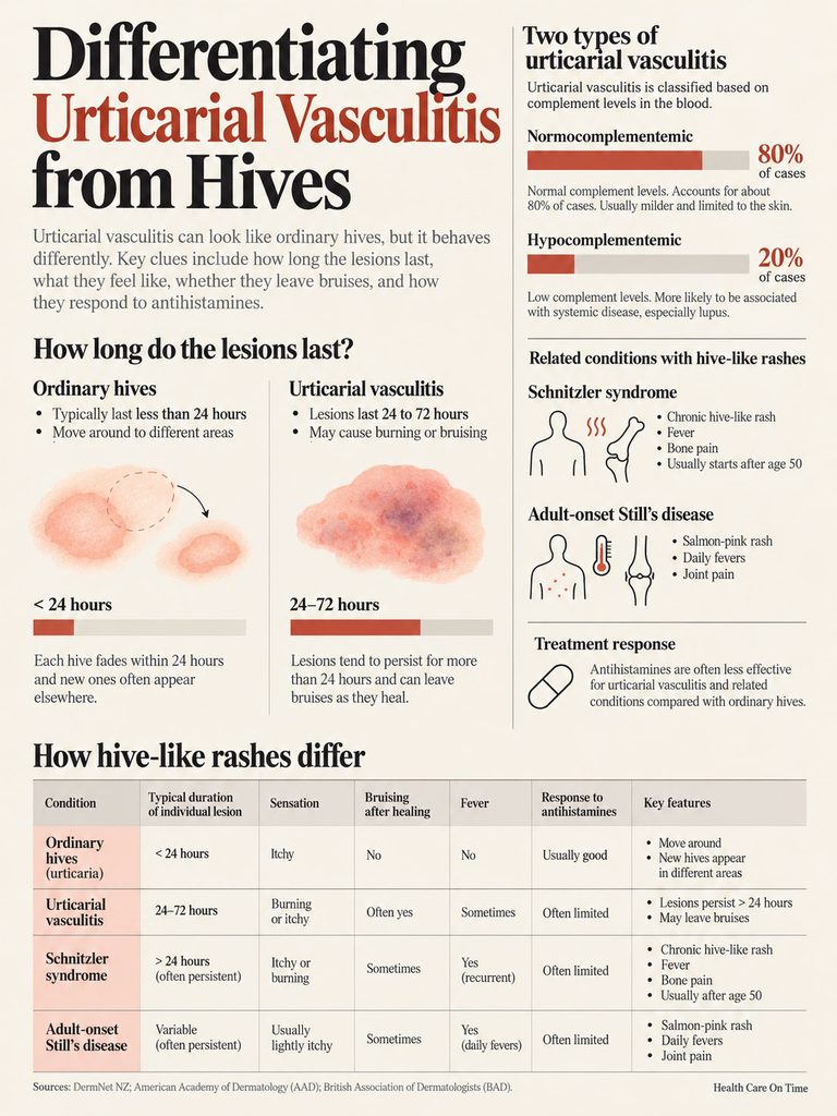 Infographic comparing urticarial vasculitis and ordinary hives, detailing lesion duration, sensations, and treatment responses.