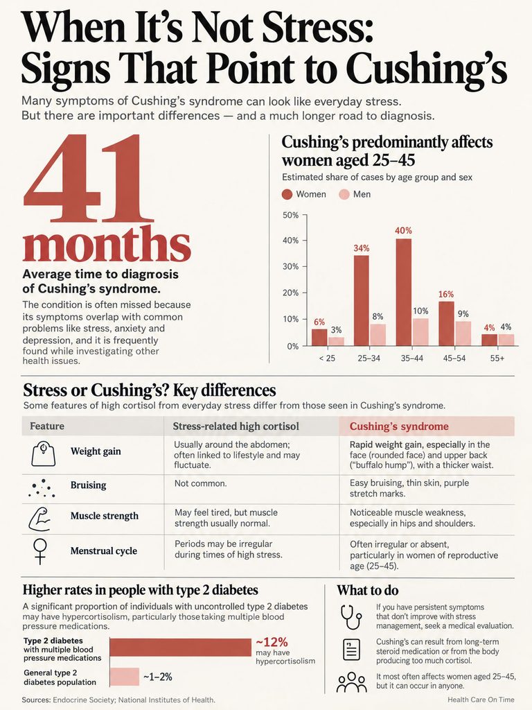 Infographic showing signs of Cushing's syndrome, including statistics and comparisons of symptoms with stress.