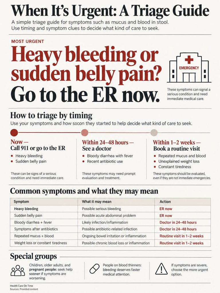 Infographic detailing urgent medical symptoms and triage steps, including heavy bleeding and belly pain.