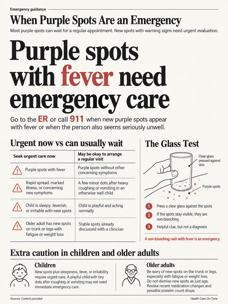 Infographic explaining when purple spots with fever need emergency care, featuring charts and illustrations.