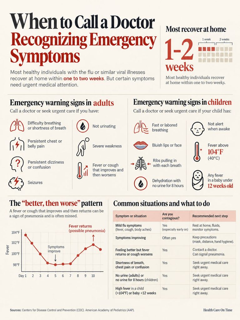 Infographic detailing when to call a doctor for emergency symptoms in adults and children, with charts and icons.