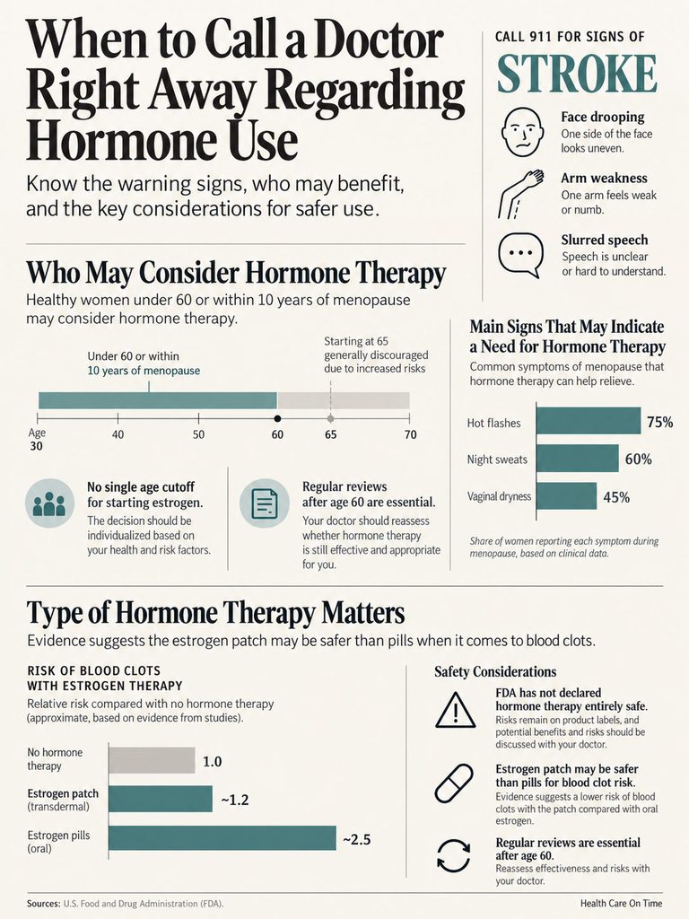 Infographic on hormone therapy, showing risks, benefits, and signs for women considering treatment.