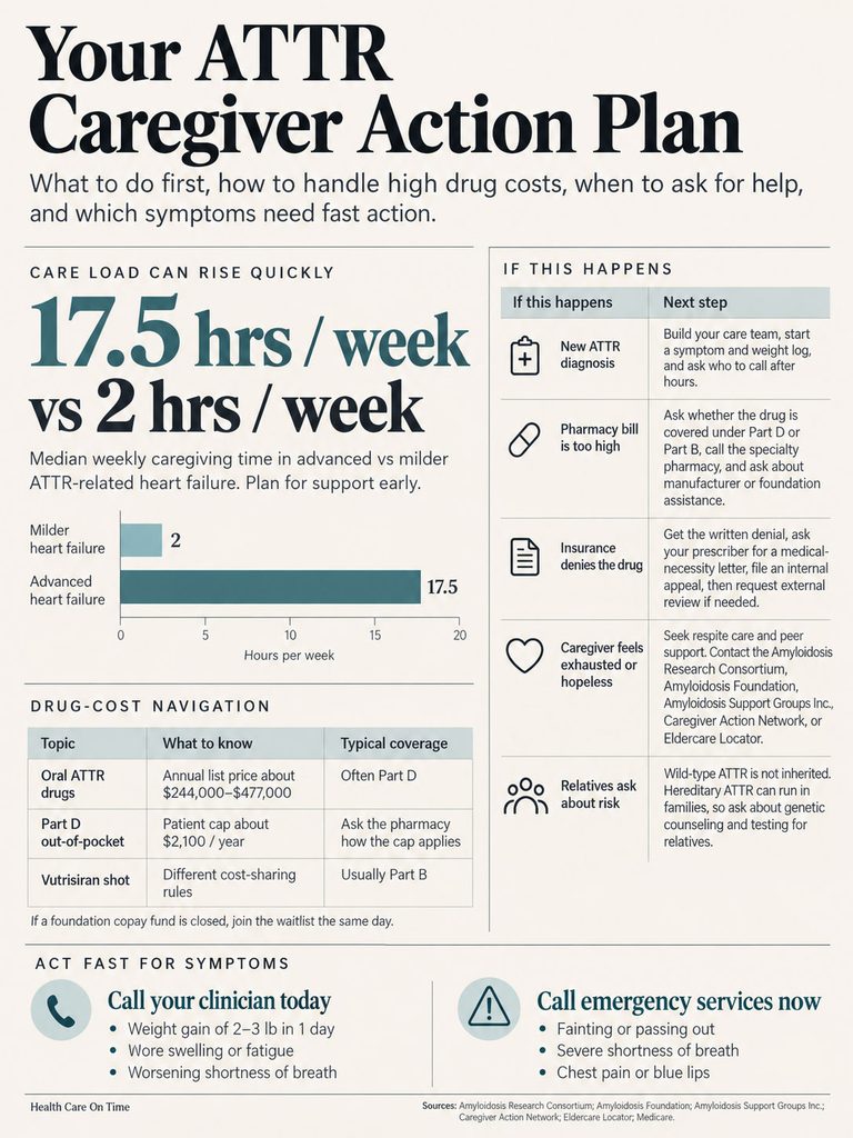 Infographic detailing the ATTR caregiver action plan, including care load statistics and drug cost navigation tips.