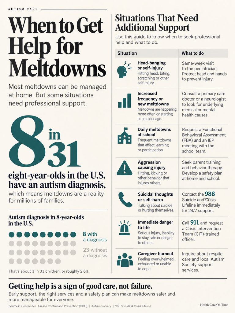 Infographic on autism meltdowns, showing statistics, situations needing support, and advice for caregivers.