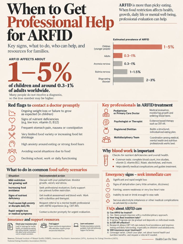 Infographic on ARFID, showing prevalence rates, red flags, key professionals, and emergency signs for help.