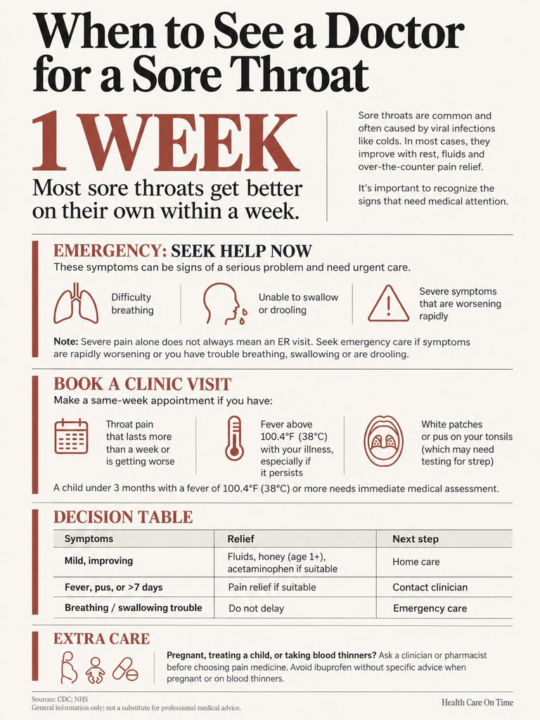 Infographic detailing when to see a doctor for a sore throat, including symptoms and care steps.