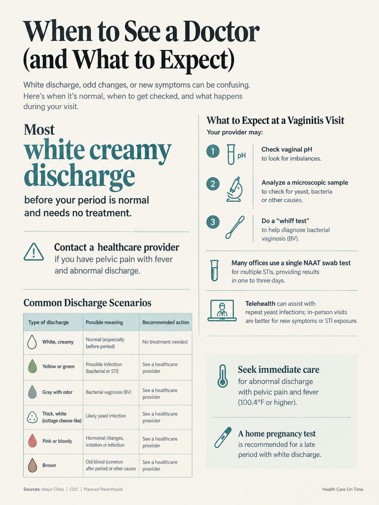 Infographic explaining when to see a doctor for white discharge, including common scenarios and actions to take.