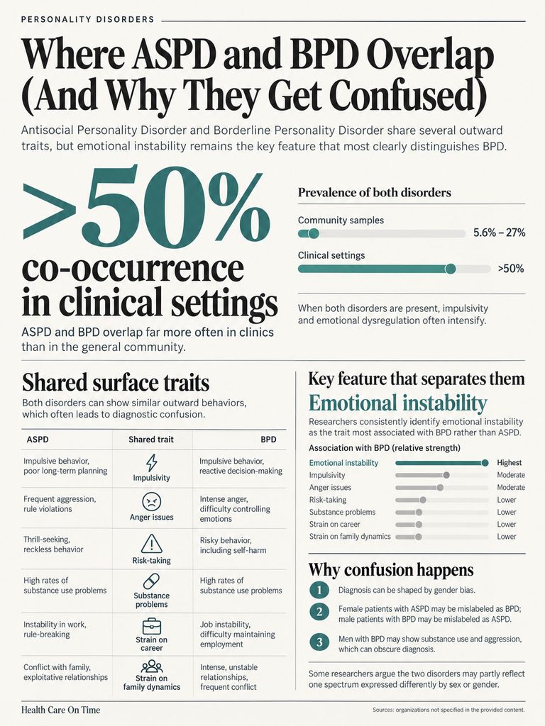 Infographic comparing ASPD and BPD, highlighting co-occurrence, shared traits, and emotional instability.