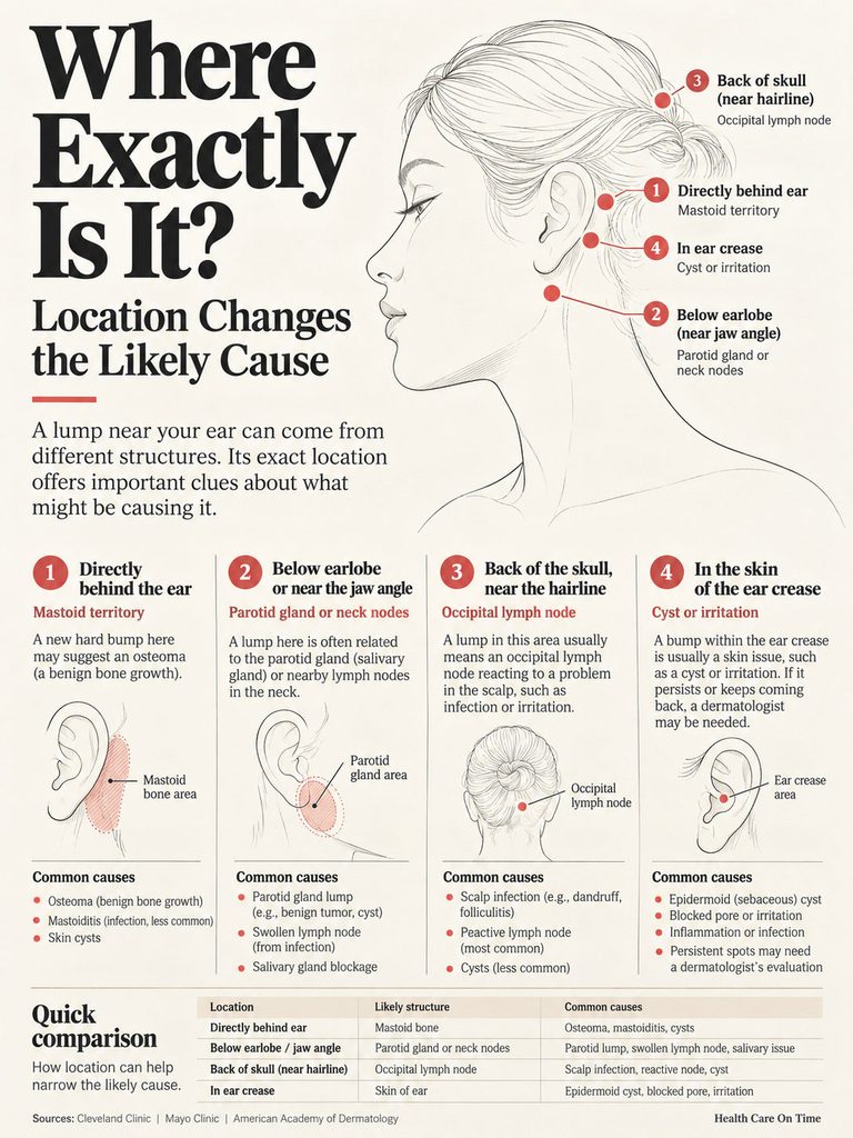 Infographic showing locations of lumps near the ear and their likely causes with illustrations and text descriptions.