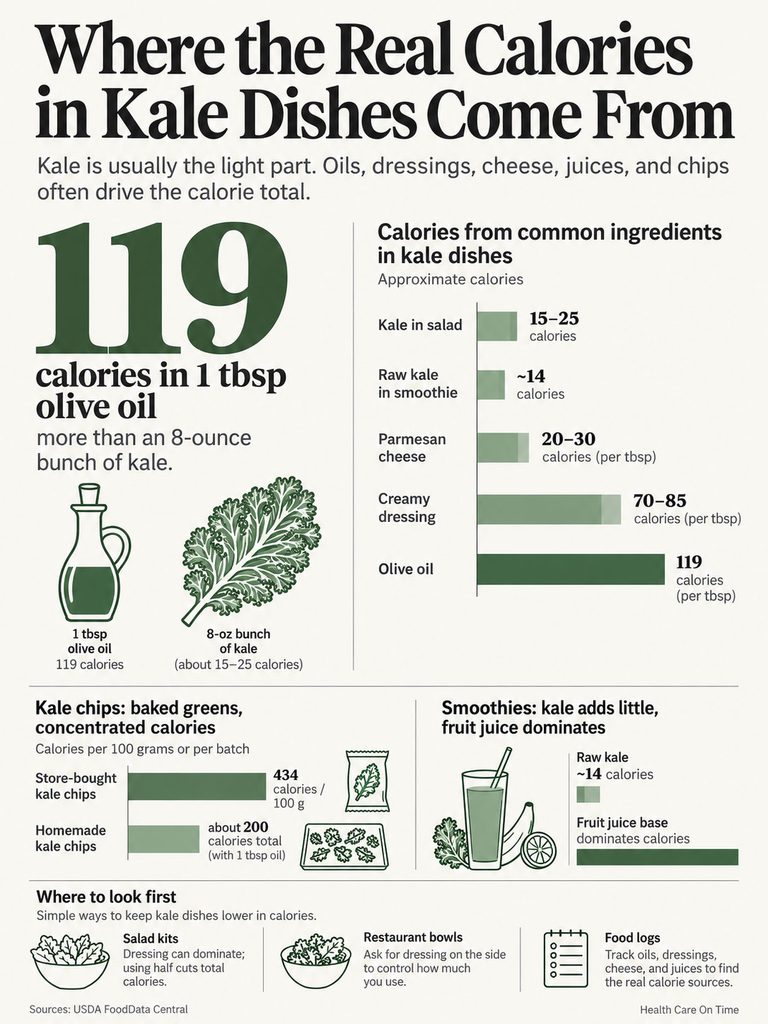 Infographic showing calorie sources in kale dishes, including olive oil, cheese, and smoothies with data points and illustrations.
