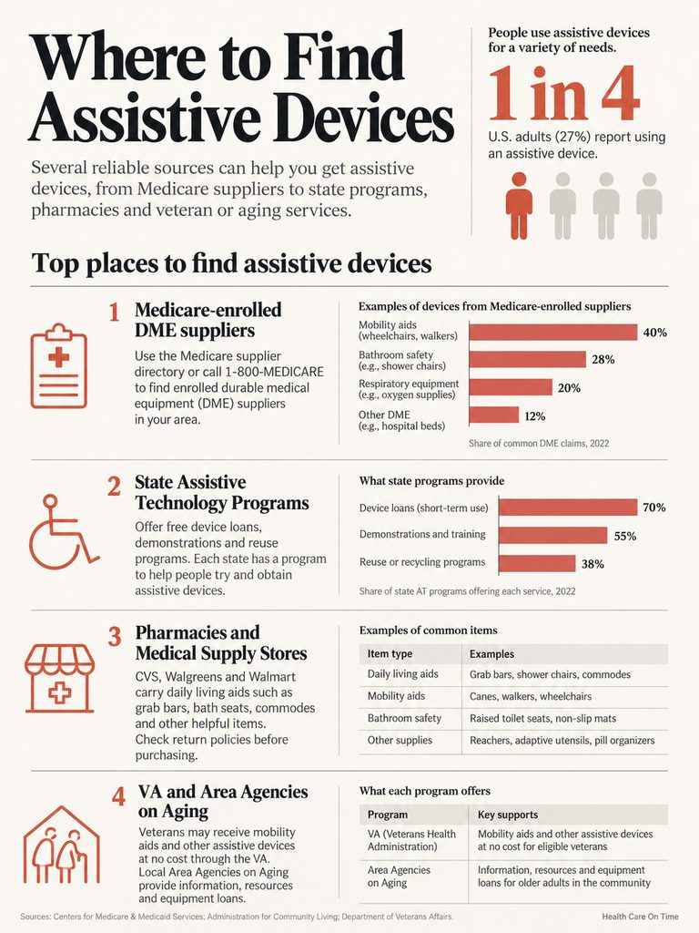 Infographic showing where to find assistive devices, including Medicare suppliers and state programs, with statistics and examples.