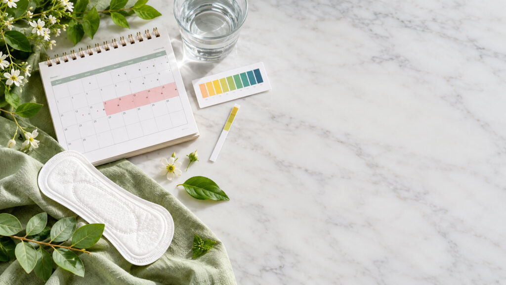 A calendar, a glass of water, a sanitary pad, and color strips on a marble surface with greenery and flowers.