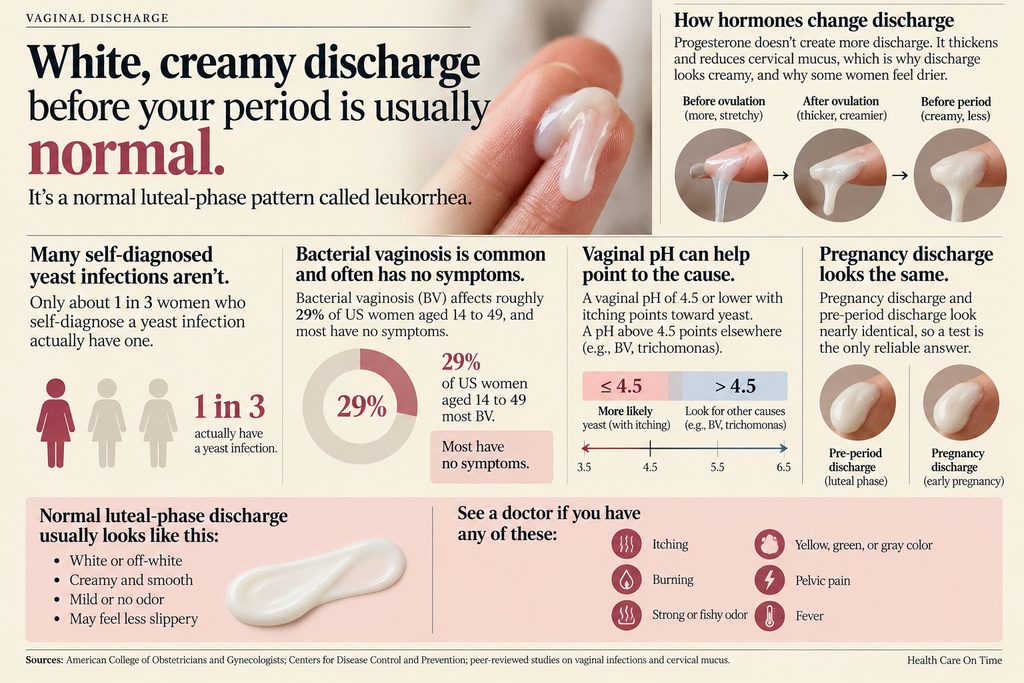 Infographic explaining normal vaginal discharge, including pH levels, symptoms, and hormonal changes.