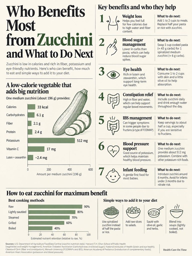 Infographic showing benefits of zucchini, nutrition facts, cooking methods, and dietary tips for health improvement.