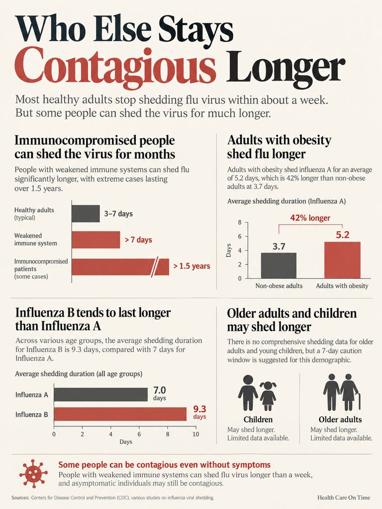 Infographic showing flu virus shedding duration for various groups, including immunocompromised and obese adults.