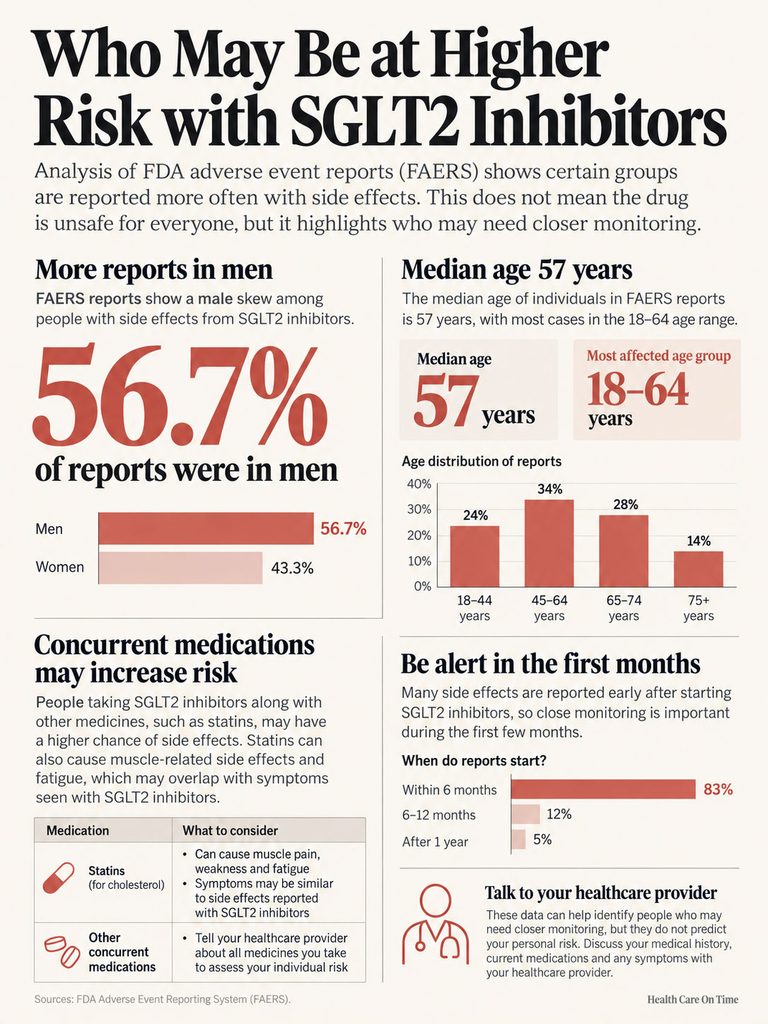 Infographic showing FDA reports on SGLT2 inhibitors, highlighting risks in men and age distribution of side effects.