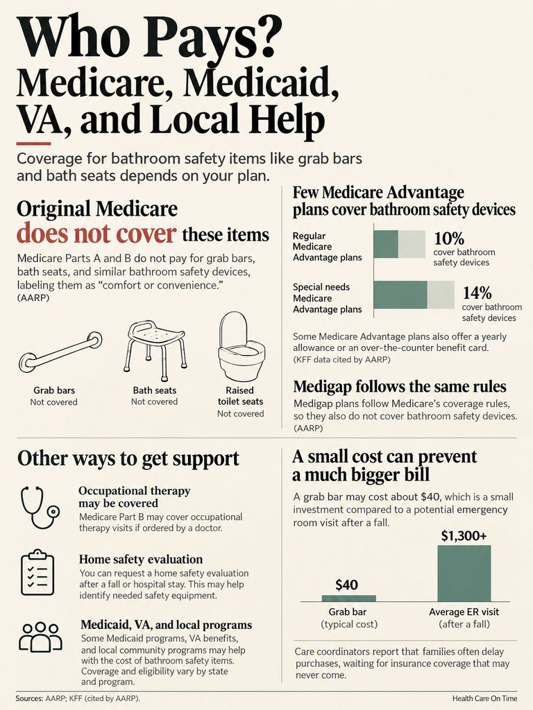 Infographic showing Medicare coverage for bathroom safety items, including grab bars and bath seats, with statistics.