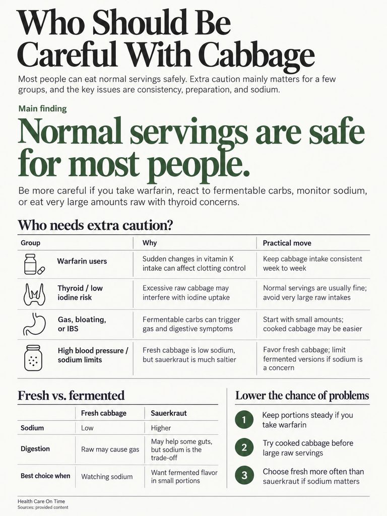 Infographic detailing cabbage consumption guidelines for specific health groups and cautionary advice.