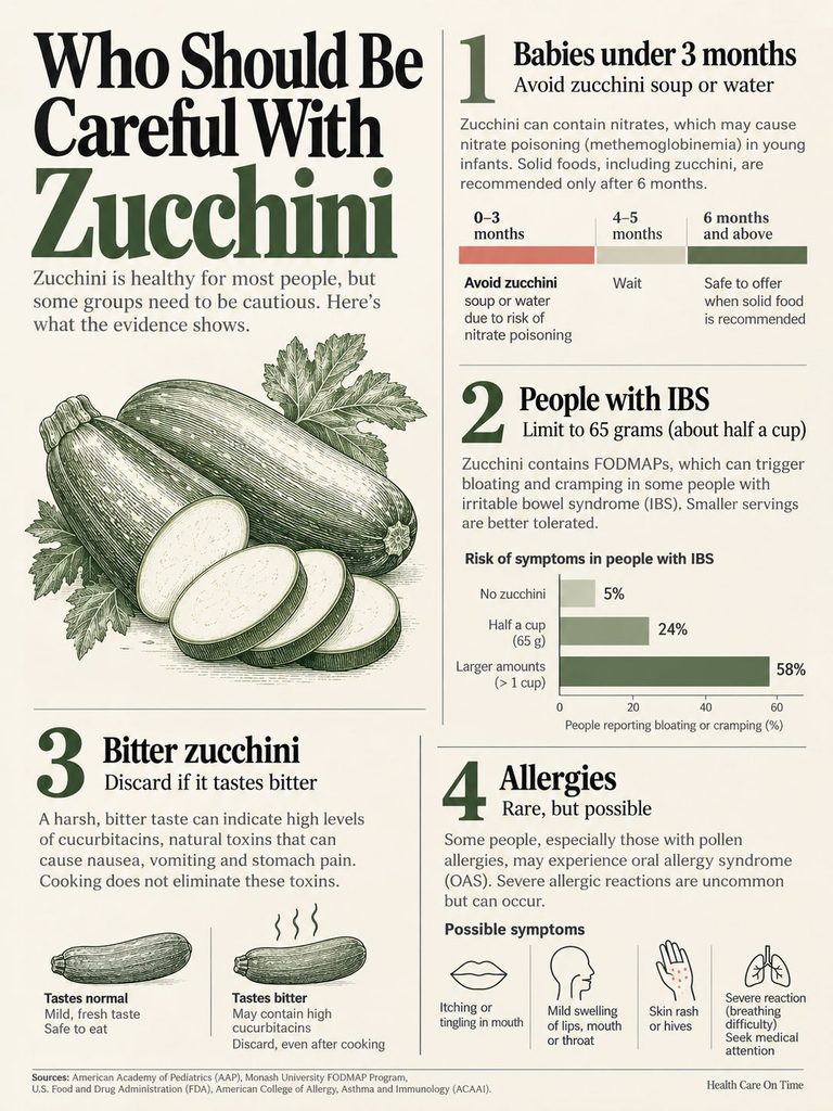 Infographic detailing zucchini safety for infants, IBS, bitter taste, and allergies with charts and illustrations.