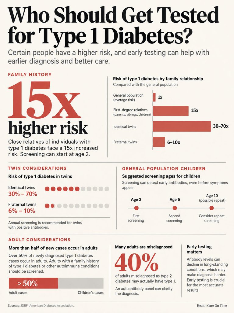 Infographic showing who should get tested for Type 1 diabetes, highlighting risks by family history and age.