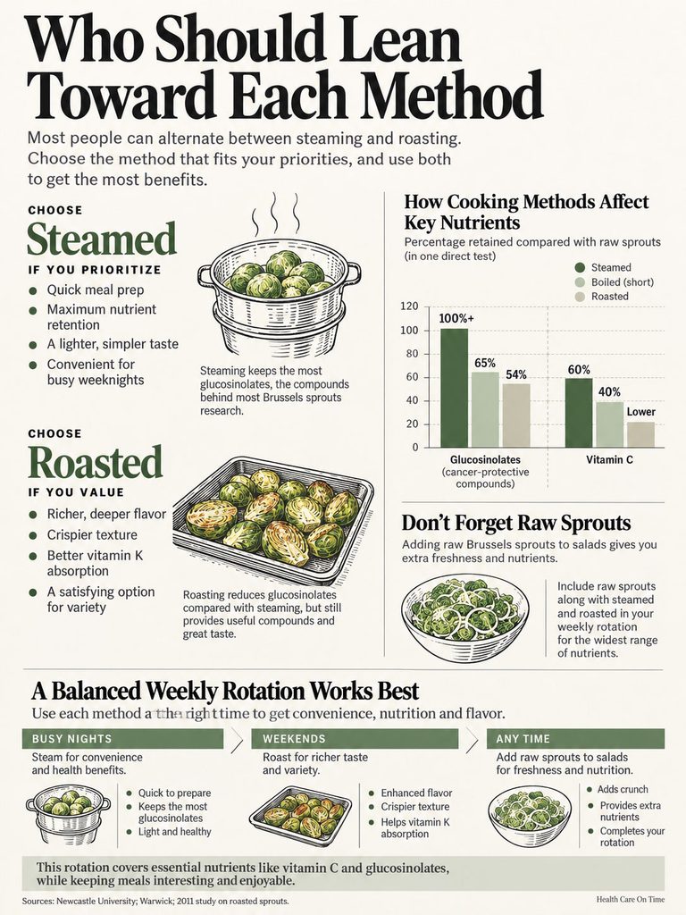 Infographic comparing steaming and roasting Brussels sprouts, detailing nutrient retention and cooking benefits.